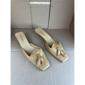 VTG Y2K Prada Tassel Lthr Mules 6.5 37 Italy Whipstitch Square Toe Kitten Heel
